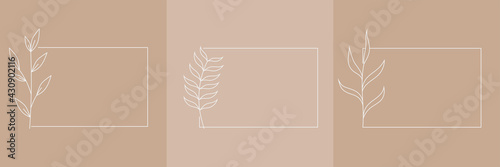 Set of Hand Drawn Organic grass Leaves and flowers with square frame, Art floral elements, Botanical illustration, Decorative Leaf picture, Vector Illustration for graphic design, logos, cosmetics