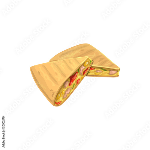 Quesadilla, fast food menu snacks and sandwiches vector isolated icon. Mexican cuisine and fastfood restaurant or street food bistro delivery and takeaway meals, quesadilla tortilla sandwich