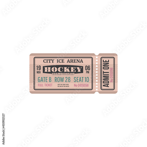 Ticket on ice hockey, admit one on tournament at city arena, gate, raw isolated retro card. Vector vintage access on ice rink, cutting line, control sign. Winter sport championship access mockup
