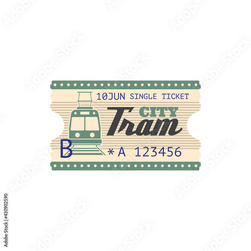 Urban transport services ticket with data of use isolated template. Vector numbered perforated passenger boarding pass card on city public transportation tram, control cutting line, travel coupon