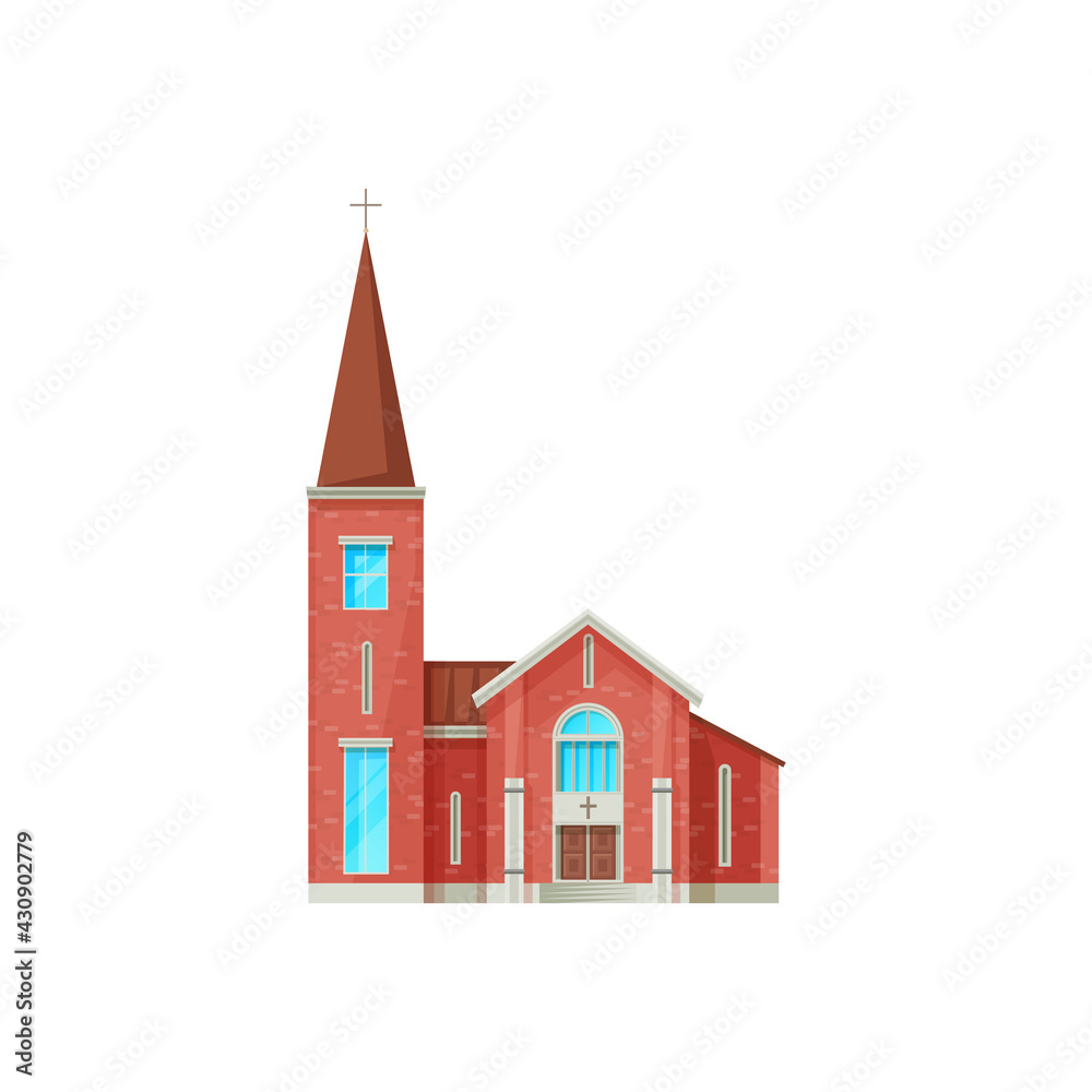 Catholic church building vector icon. Cathedral of red brick with cross on steeple, gothic chapel or monastery facade. Medieval christian religious congregation architecture exterior