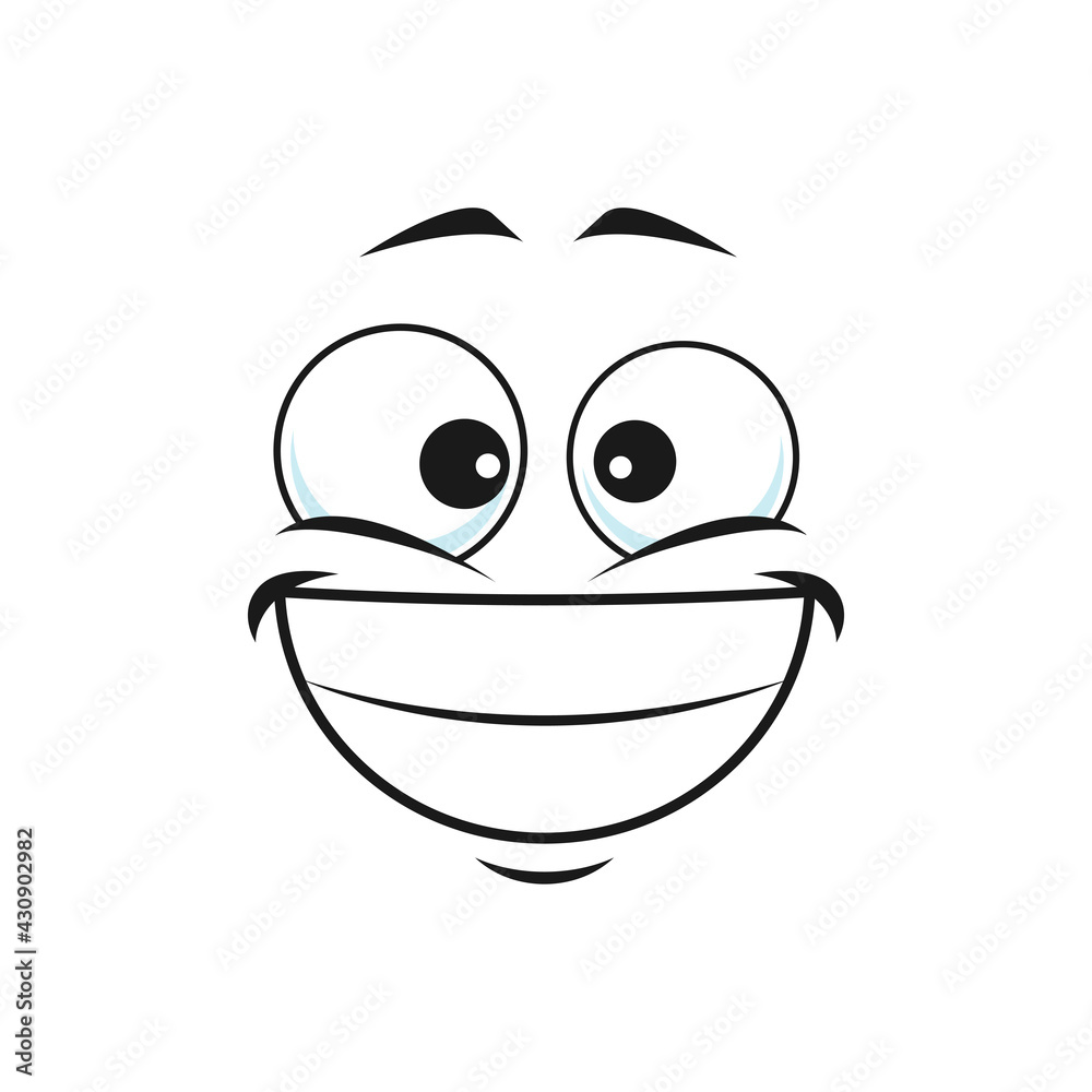 Cartoon face isolated vector icon, wide delighted smile facial emoji, happy funny creature, happy human emotion, comic face with toothy smiling mouth and round eyes