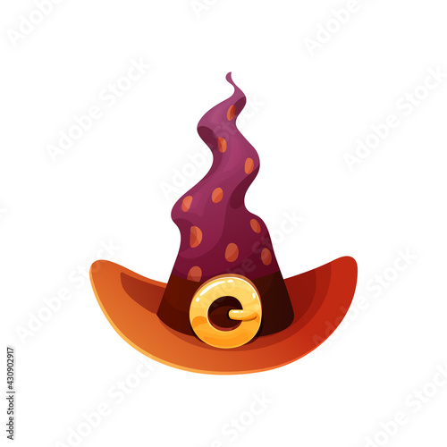 Cartoon witch hat vector icon, brown magician headwear with gold round buckle, polka dots on wavy crown and folded brims. Halloween wizard cap isolated on white background