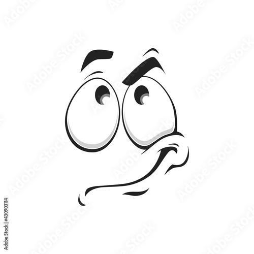 Cartoon face vector icon, funny thinking emoji, thoughtful tense facial expression with eyes looking up, smart feelings isolated on white background