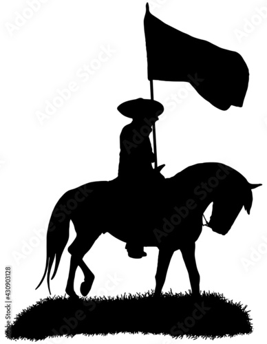 Mexican Cowboy riding a charro horse while carrying a flag, vector illustration silhouette in black on white background 