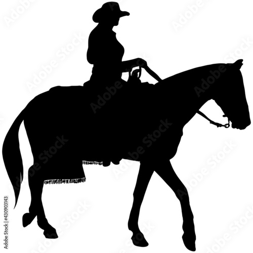 Cowgirl riding a horse silhouette in black on white background 