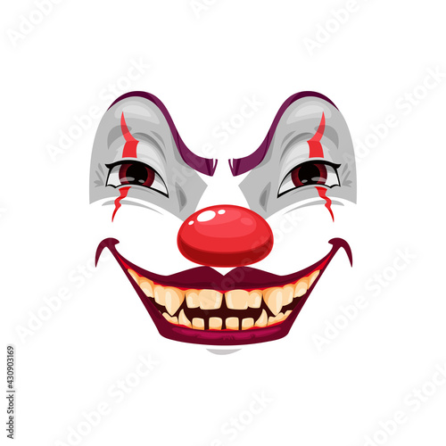 Scary clown face vector icon, funster mask with makeup, red nose, squinted eyes and creepy smile with sharp yellow teeth. Halloween character emoticon, isolated horror creature emoji