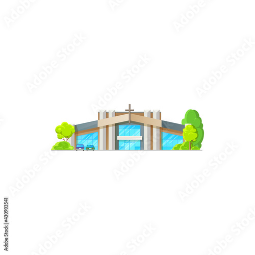 Catholic community building isolated church with glass hall, modern architecture house with cross. Vector facade exterior of contemporary chapel, wedding and funerary ceremonies religious building