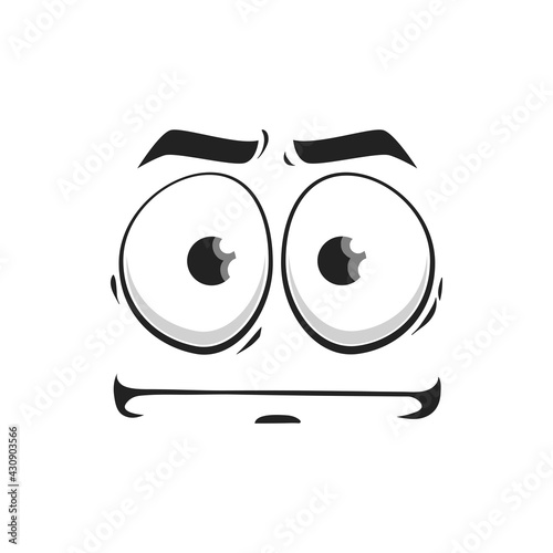 Cartoon face vector indifferent emoji, facial expression with glazed goggle eyes and pursed straight lips line. Unsatisfied character feelings isolated on white background