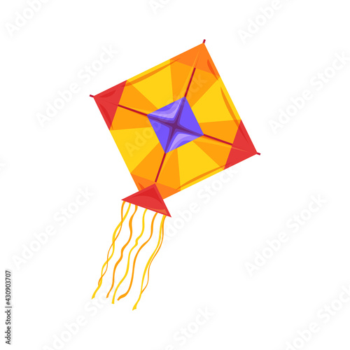 Kite flying of square shape in sky isolated outdoor activities object. Vector kiteboarding kitesurfing hobby sport, kite in yellow and red color, Makar Sankranti festival, Indian holiday symbol
