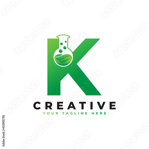 Letter K with Abstract lab logo. Usable for Business, Science, Healthcare, Medical, Laboratory, Chemical and Nature Logos.