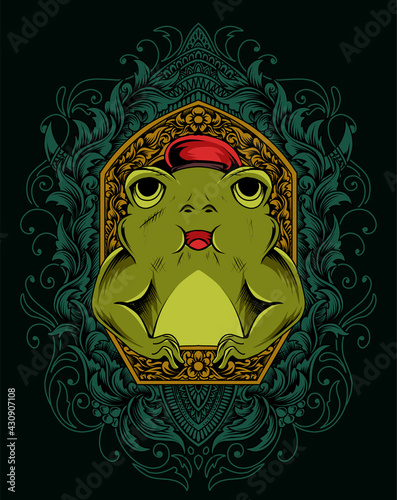 illustration cubby frog on vintage engraving ornament