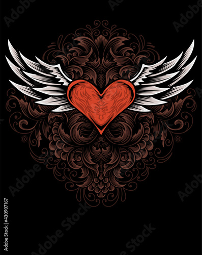 illustration heart wings with vintage engraving ornament