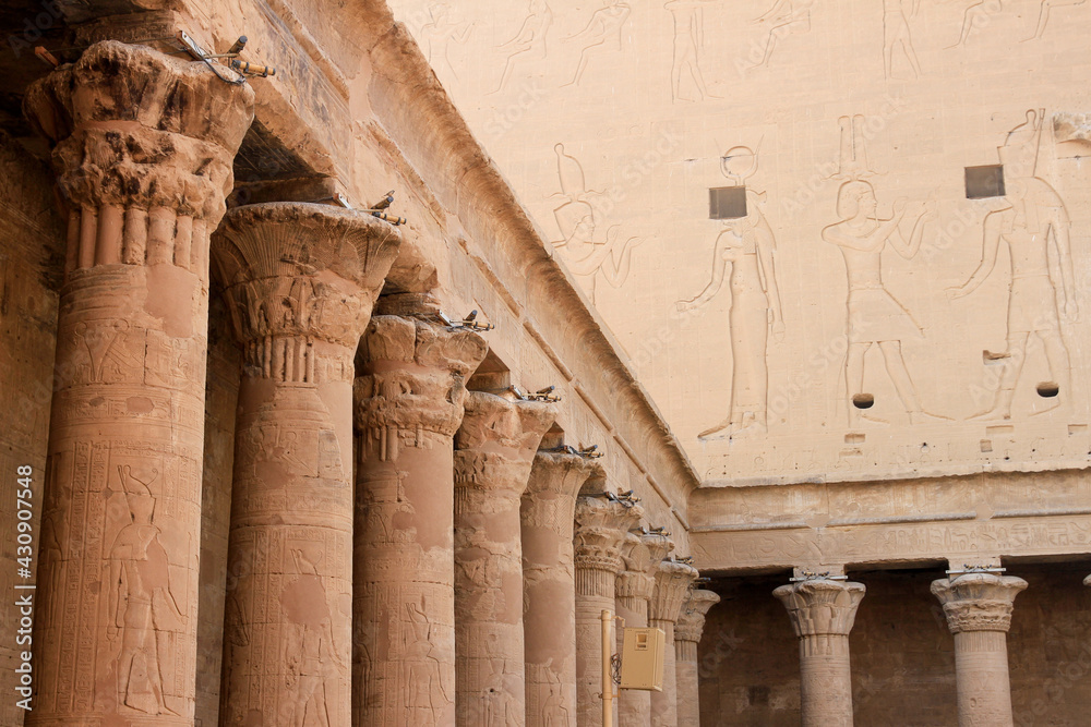 Row of columns with hieroglyphics in courtyard of Temple of Edfu, Edfu, Egypt 