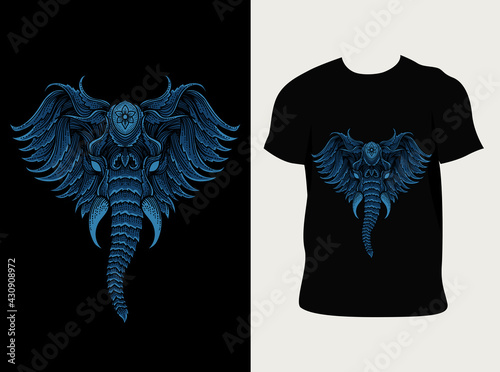 illustration vector elephant head with engraving ornament style