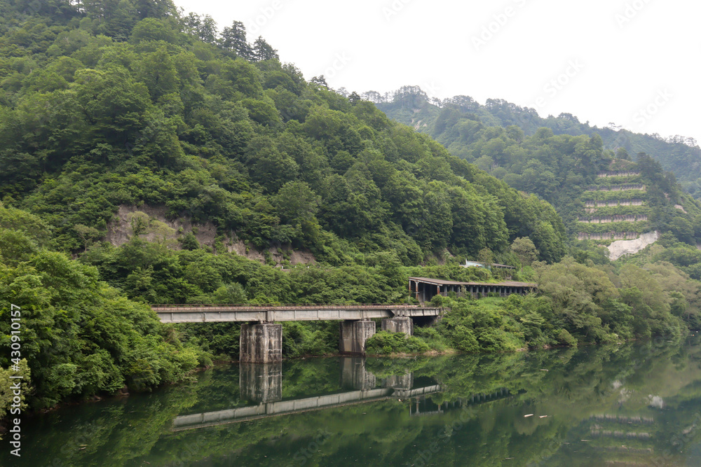 田子湖に架かるJR只見線の鉄道橋の自然風景　（福島県南会津郡只見町）