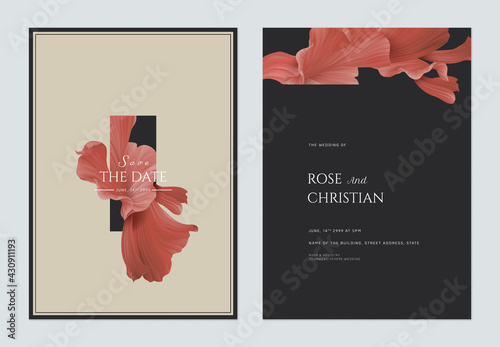 Wedding invitation card template design, abstract shapes in red on dark grey