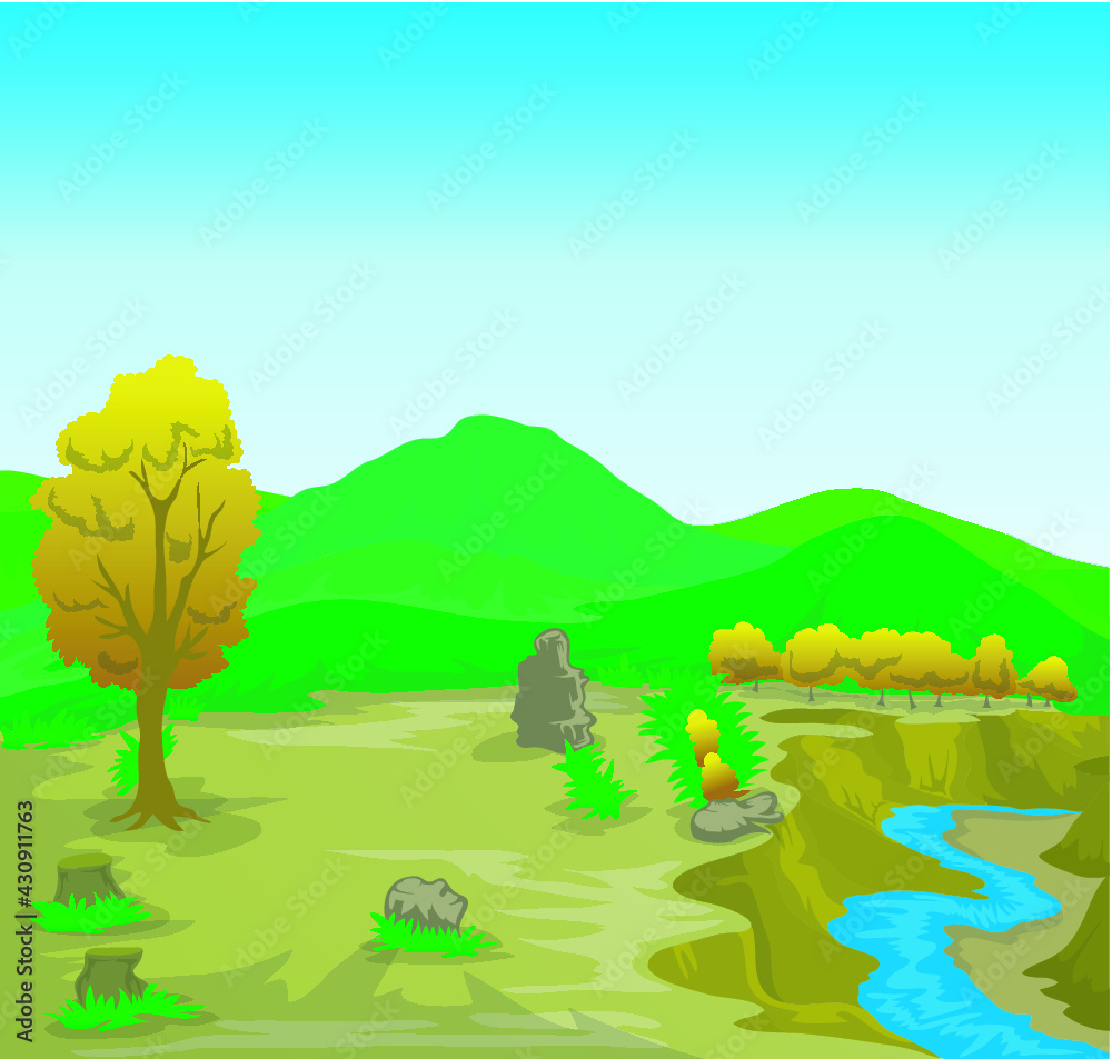 Obraz premium rural landscape with river and mountain background 