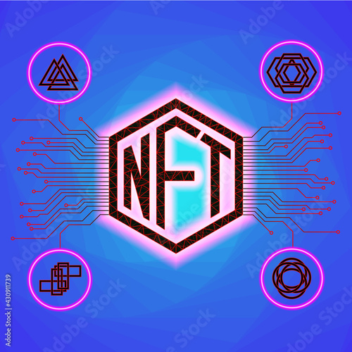 NFT non fungible tokens infographics with pcb tracks and unique tokens on white background.. Vector illustration.