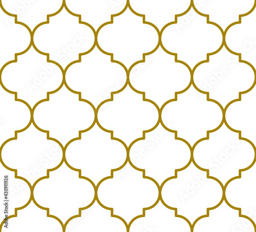 Quatrefoil style outline repeating pattern in gold color outline on a white background, geometric vector illustration photo