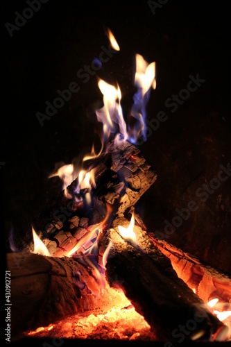 blue flame burning on firewood 