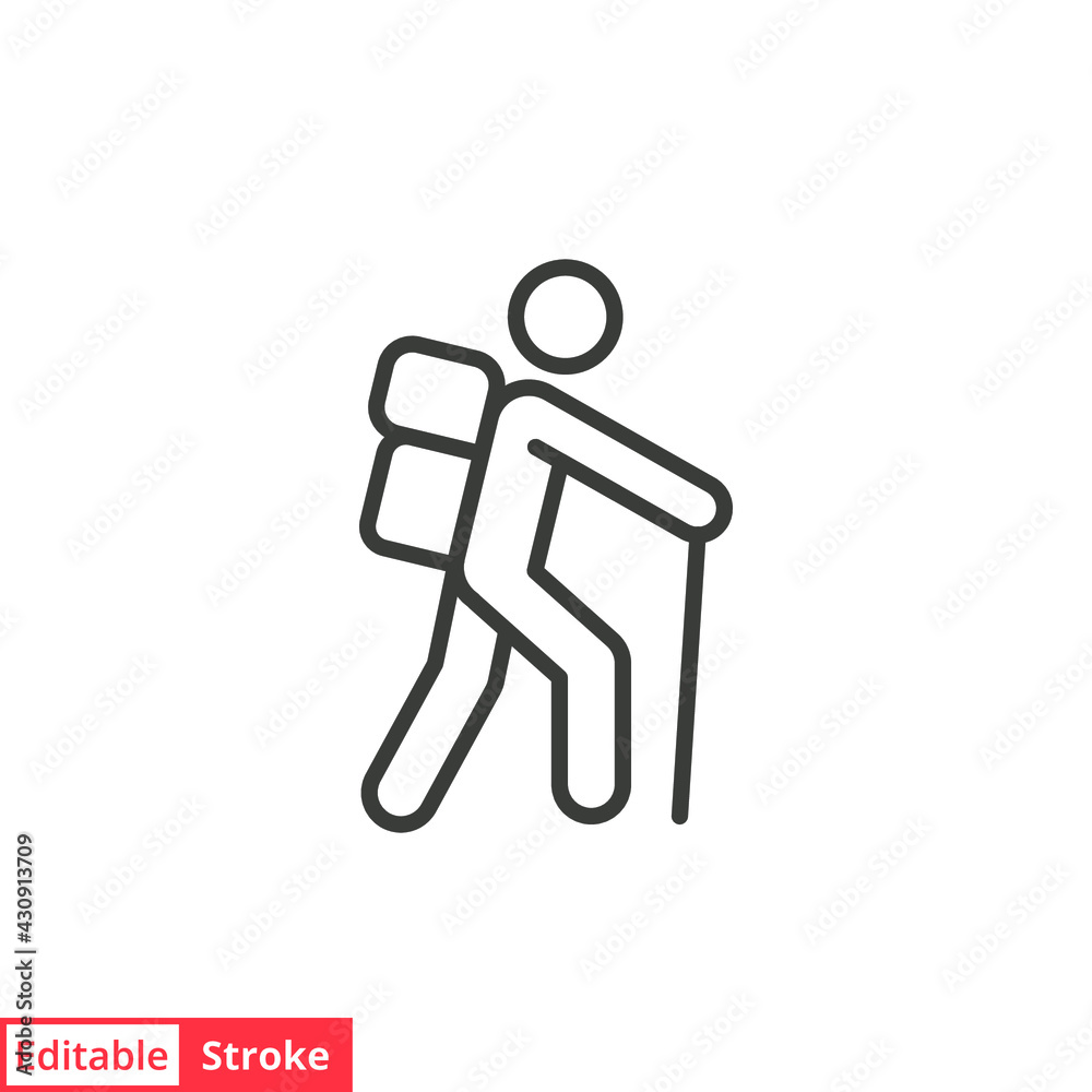 Hiking line icon. Simple outline style. Activity, nature, trekking, walk, adventure concept design element. Vector illustration isolated on white background. Editable stroke EPS 10. Hiking line icon. Simple outline style. Activity, nature, trekking, walk, adventure concept design element. Vector illustration isolated on white background. Editable stroke EPS 10.