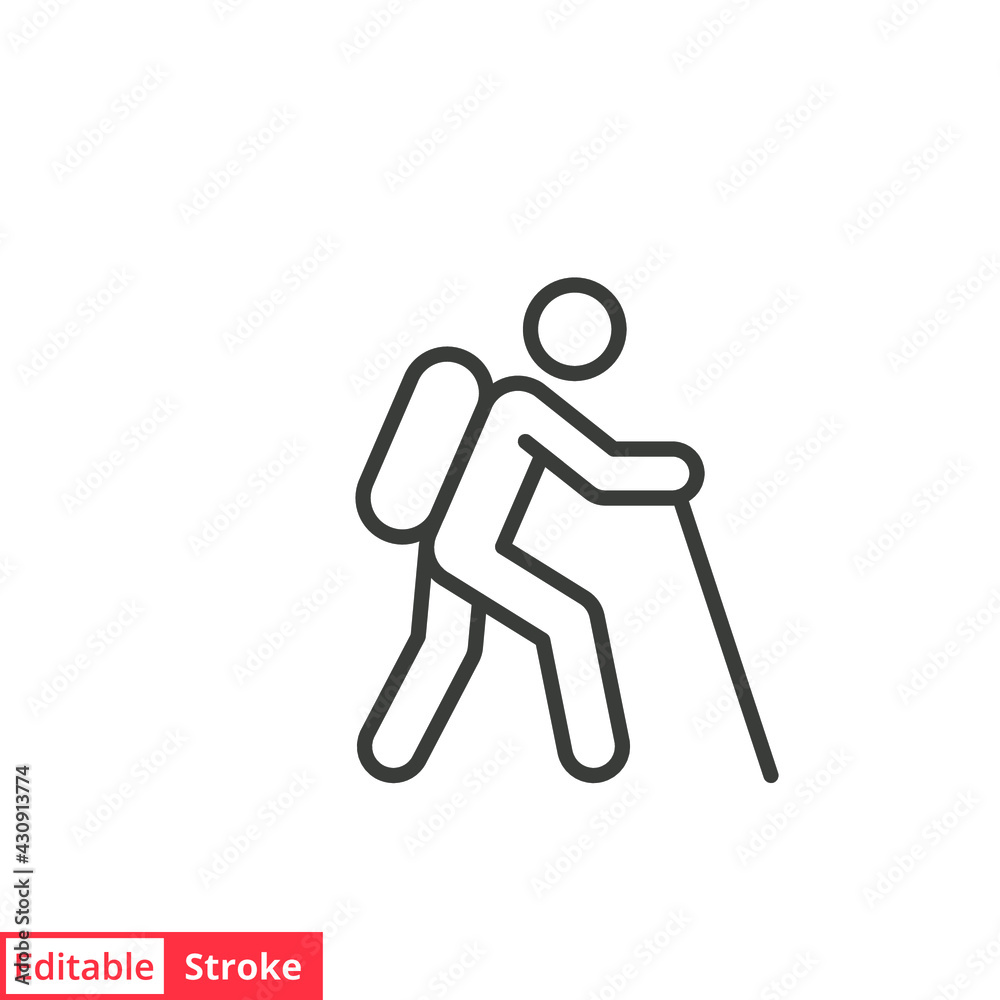 Hiking line icon. Simple outline style. Activity, nature, trekking, walk, adventure concept design element. Vector illustration isolated on white background. Editable stroke EPS 10. Hiking line icon. Simple outline style. Activity, nature, trekking, walk, adventure concept design element. Vector illustration isolated on white background. Editable stroke EPS 10.