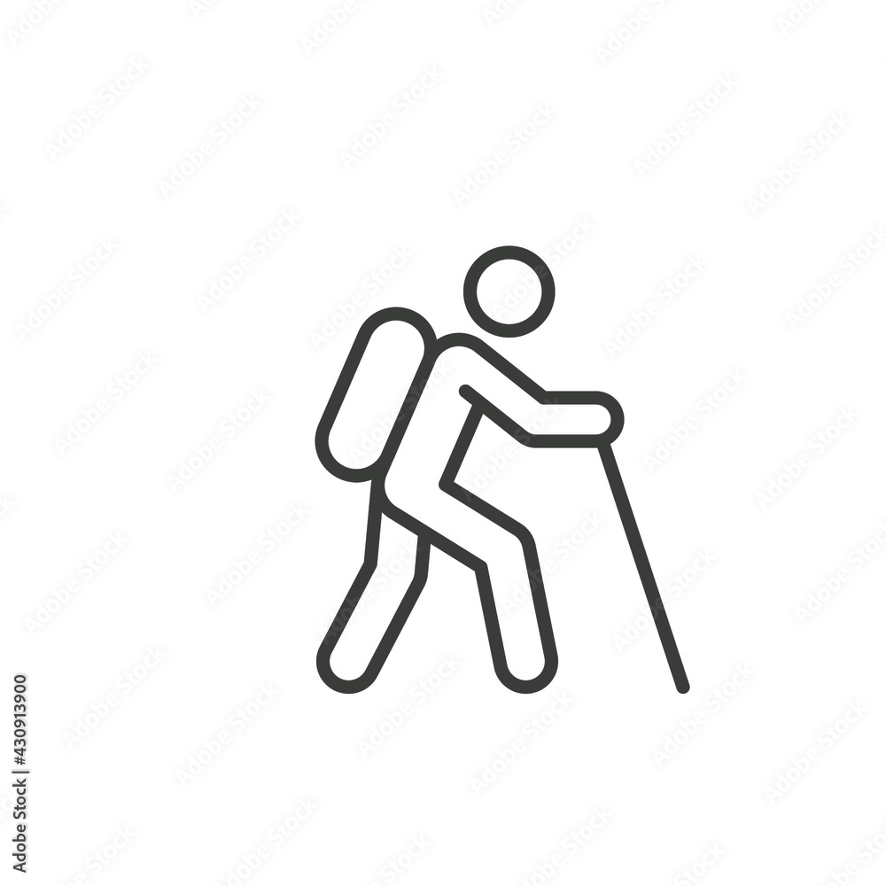 Hiking line icon. Simple outline style. Activity, nature, trekking, walk, adventure concept design element. Vector illustration isolated on white background. EPS 10. Hiking line icon. Simple outline style. Activity, nature, trekking, walk, adventure concept design element. Vector illustration isolated on white background. EPS 10.
