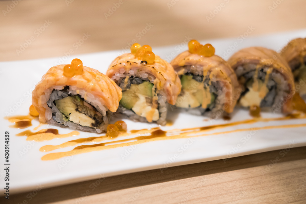 Grilled salmon roll sushi. Japanese food Grilled salmon roll sushi. Japanese food