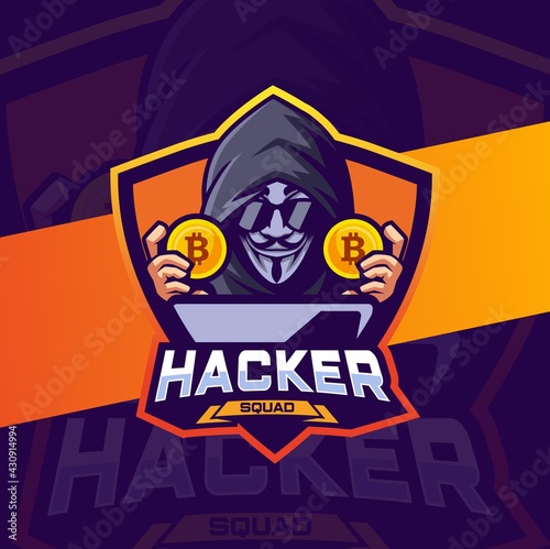 hacker cryptocurrency mascot logo design for e-sport and team logo