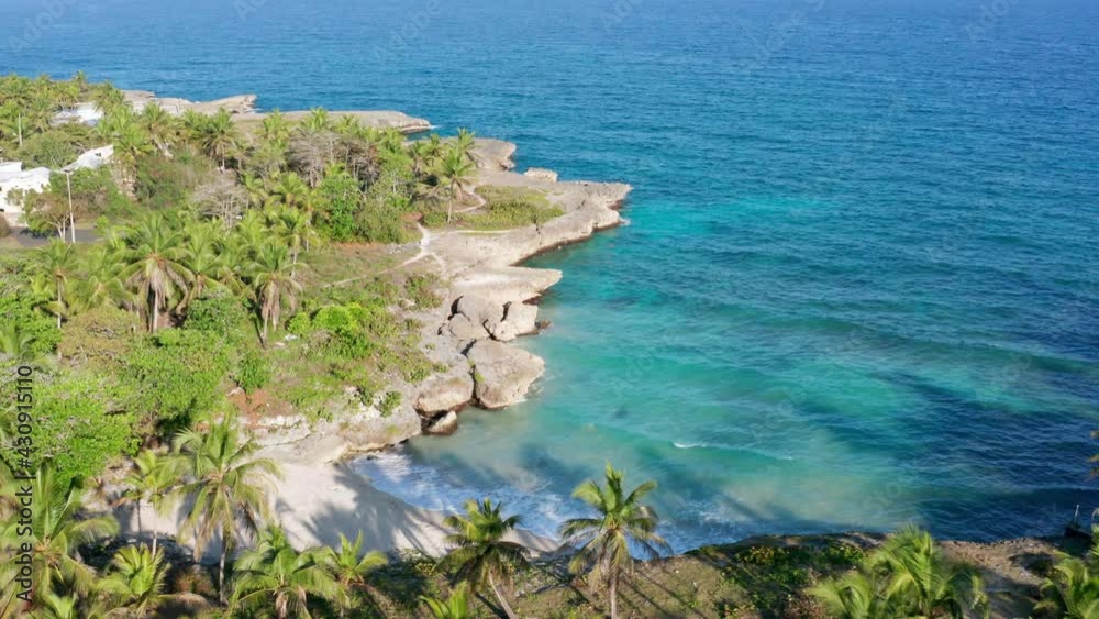 Caribe beach and tropical beauty in nature, Dominican Republic. Aerial forward