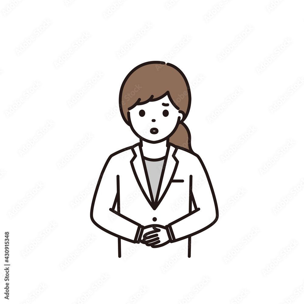 困った顔で手を前で組む女性薬剤師のイラスト 困った顔で手を前で組む女性薬剤師のイラスト
