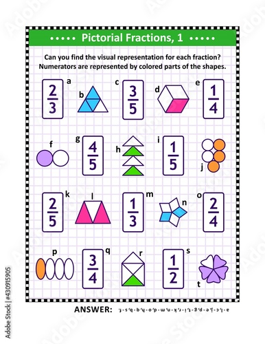 Educational Math Puzzle. Pictorial, Or Visual, Representation Of Fractions By Various Shapes With Colored Numerator. Answers Included. Stock Vector | Adobe Stock