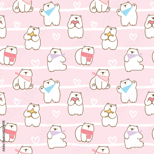 Seamless Pattern of Cute Cartoon Bear Illustration Design on Pink Background with White Wavy Lines