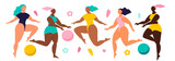 vector illustration in flat style. Different ethnicity and skin colour women characters in swimwear. Ladies jumping, playing ball. Variety of poses and gestures. Body positive. Love your body