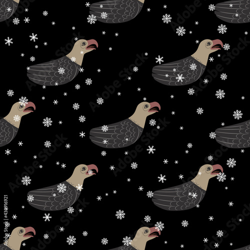 Seamless animal winter pattern with funny gull or seagull birds and snowflakes. Native American indigenous art of Tsimshian Indians. photo