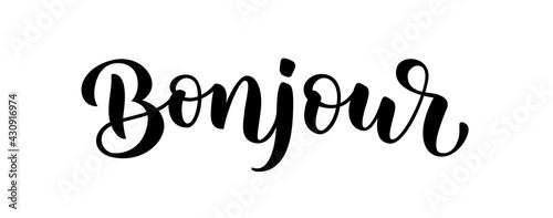 Bonjour word lettering. French hello text. Hand drawn bonjour quote. Brush calligraphy phrase. Vector illustration for print on shirt, card, poster etc. Black and white.