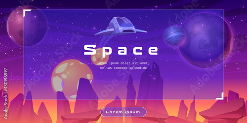 Shuttle in space cartoon web banner with spaceship fly over alien planet surface with rocks. Travel in universe, galaxy explore futuristic technology, cosmic interstellar adventure Vector illustration