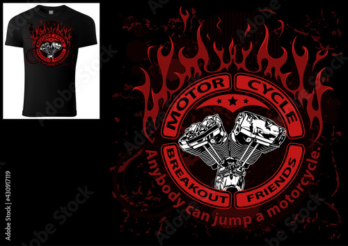 T-shirt Design for Bikers with Engine and Decorative Flames and Banners and Texts - Colored Illustration Isolated on Black Background, Vector photo