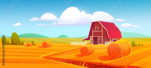 Barn on farm nature rural background with hay stacks on field and eco wind mills under cloudy sky. Countryside farmland tranquil summer time or fall landscape. Cartoon vector illustration