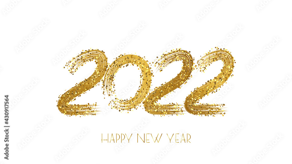 Happy new year 2022 numbers written in a golden brush isolated on a white background.