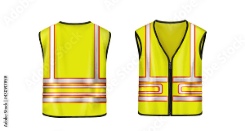 Safety vest front and back view, yellow sleeveless jacket with reflective stripes for road works, waistcoat mockup with fluorescent protective design elements Realistic 3d vector illustration, mock up