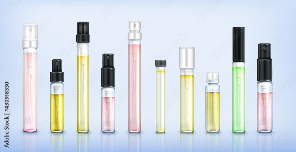 Perfume tester glass bottles. Fragrance sample in transparent tubes with black and white spray caps on blue background. Vector realistic set of 3d perfumery testers in clear vials Perfume tester glass bottles. Fragrance sample in transparent tubes with black and white spray caps on blue background. Vector realistic set of 3d perfumery testers in clear vials