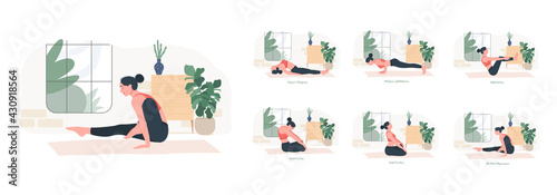 Yoga Poses Set. Young woman practicing Yoga pose. Woman workout fitness, aerobic and exercises. Vector Illustration.	