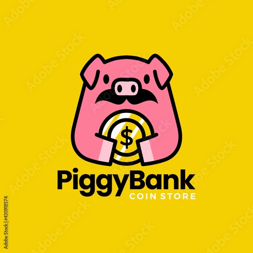 piggy bank pig coin money dollar moustache logo vector icon illustration