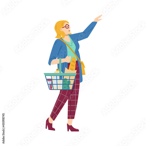 Woman with shopping basket in supermarket flat vector illustration isolated.