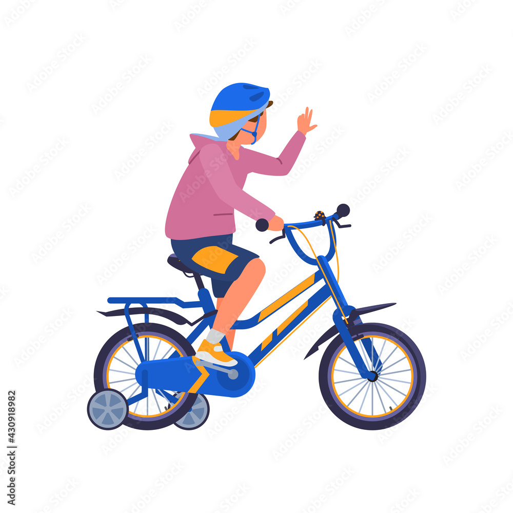Teen boy in helmet riding bicycle flat vector illustration isolated on white.