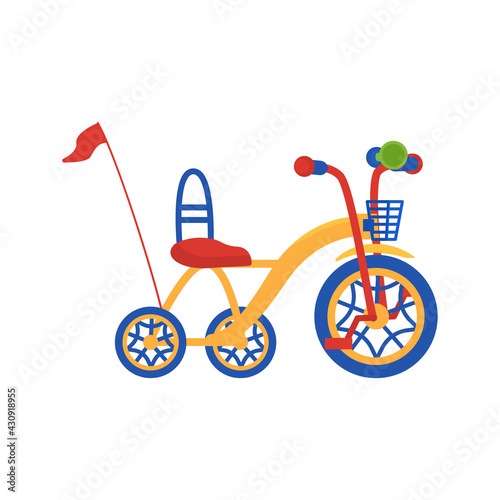 Childrens training tricycle with pushing arm, flat vector illustration isolated.