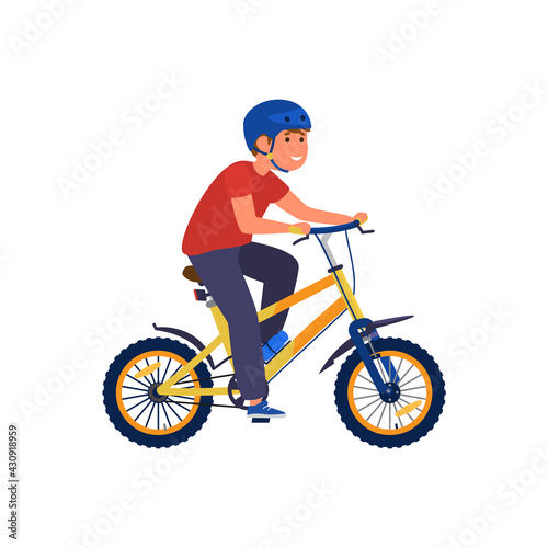 Cute happy kid boy in safety helmet riding a bicycle a flat vector illustration.
