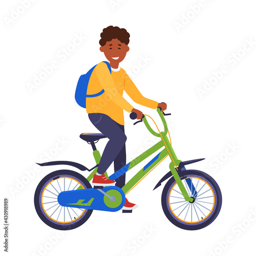 African american teen boy riding bicycle, flat vector illustration isolated.